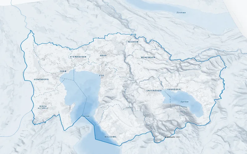 Relief des Kantons Zug mit den elf Gemeinden, dem Zugersee und dem Ägerisee (Vorschaubild der 3D-Karte)