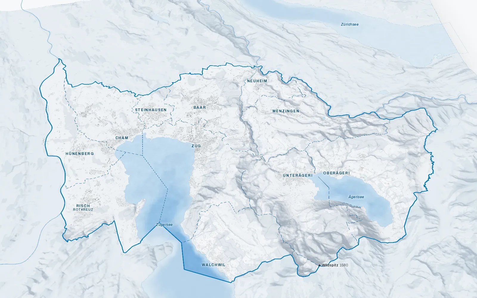 Relief des Kantons Zug mit den elf Gemeinden, dem Zugersee und dem Ägerisee (Vorschaubild der 3D-Karte)